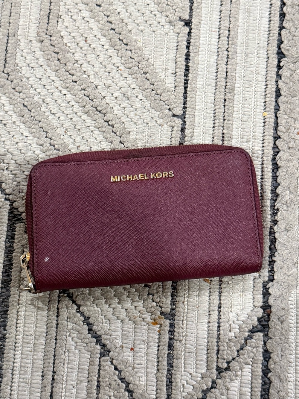 Michael Kors Wine Saffiano Zip Wallet with Gold Logo